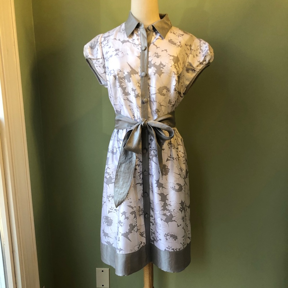 Adrianna Papell Grey White Floral Print Shirtdress